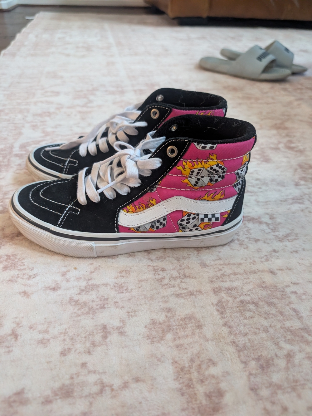 Vans High-Top Sneakers in Black, Pink & White with Dice Flame Print